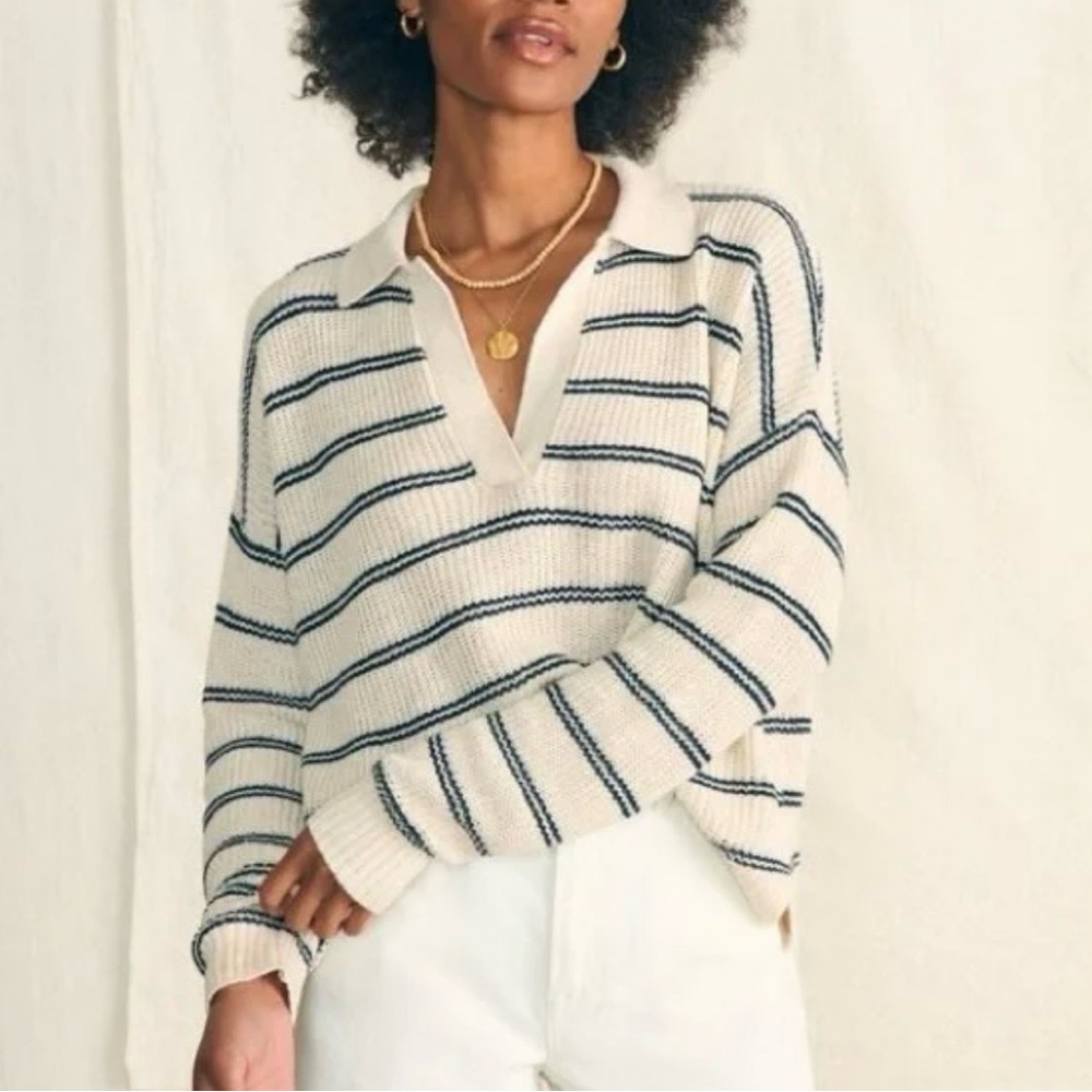 Faherty Cream and Navy V-Neck Sweater